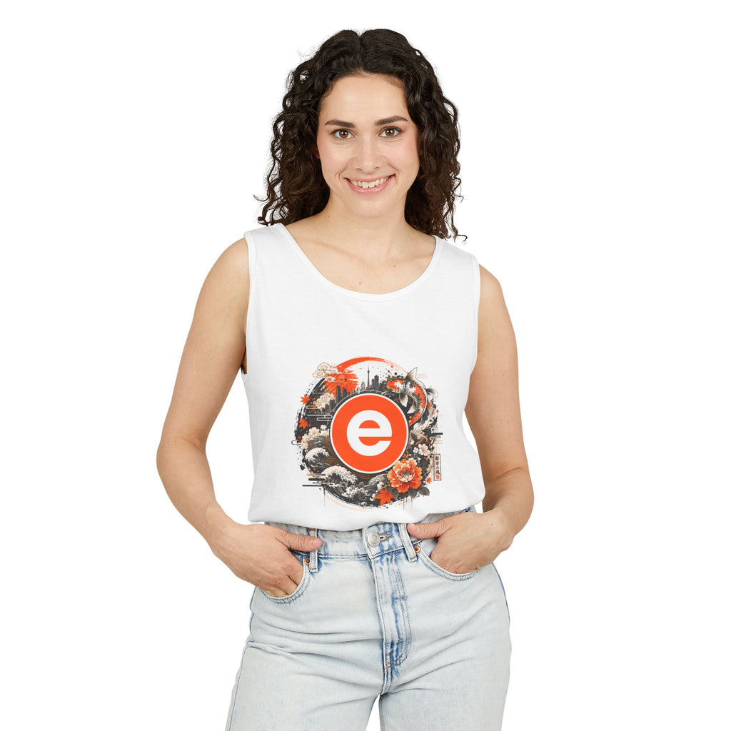 Graphic Tank Top — Vintage Floral Emblem with Orange “e” Logo
