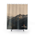 Mountain Mist Shower Curtain — Neutral Scenic Peak Bathroom Decor with "everything." Logo