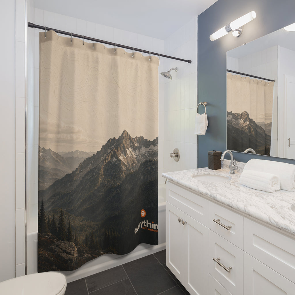 Mountain Mist Shower Curtain — Neutral Scenic Peak Bathroom Decor with "everything." Logo