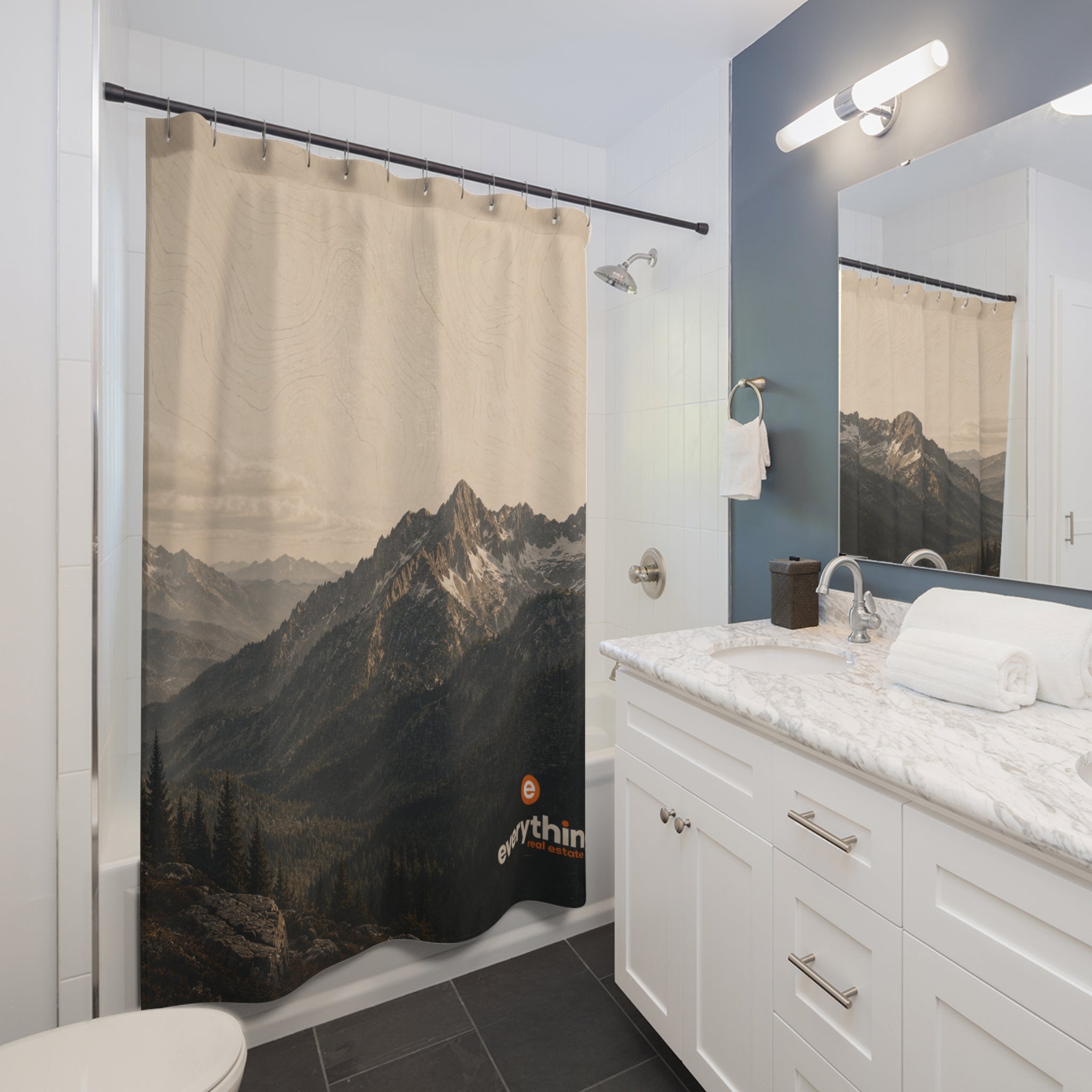 Mountain Mist Shower Curtain — Neutral Scenic Peak Bathroom Decor with "everything." Logo